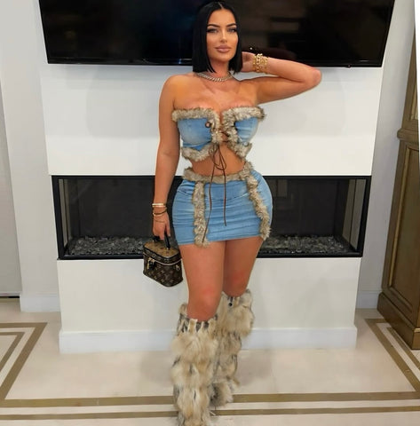 Denim fur set