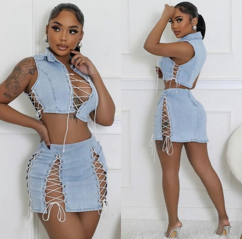 Chic sexy lace denim set