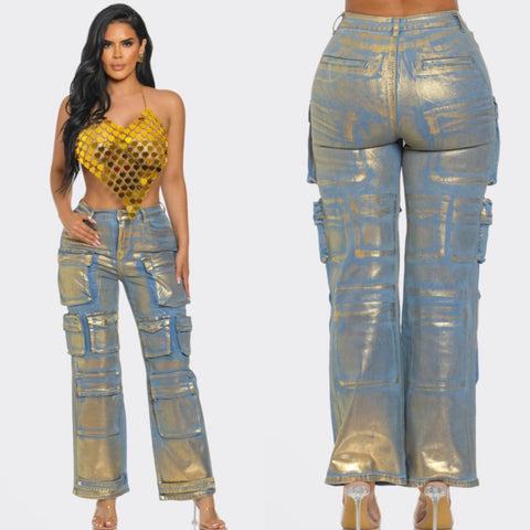 Gold foil cargo jeans